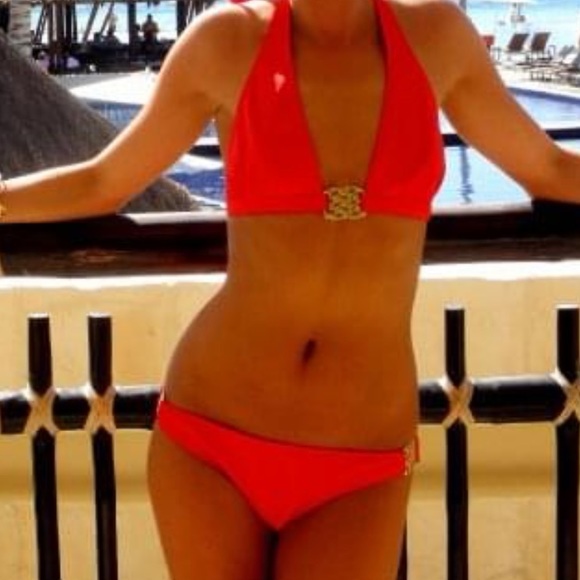 Milly Two-Piece Bikini Set - Orange w/ Gold Details - Like New - Wore 1x - Saks - Picture 3 of 9